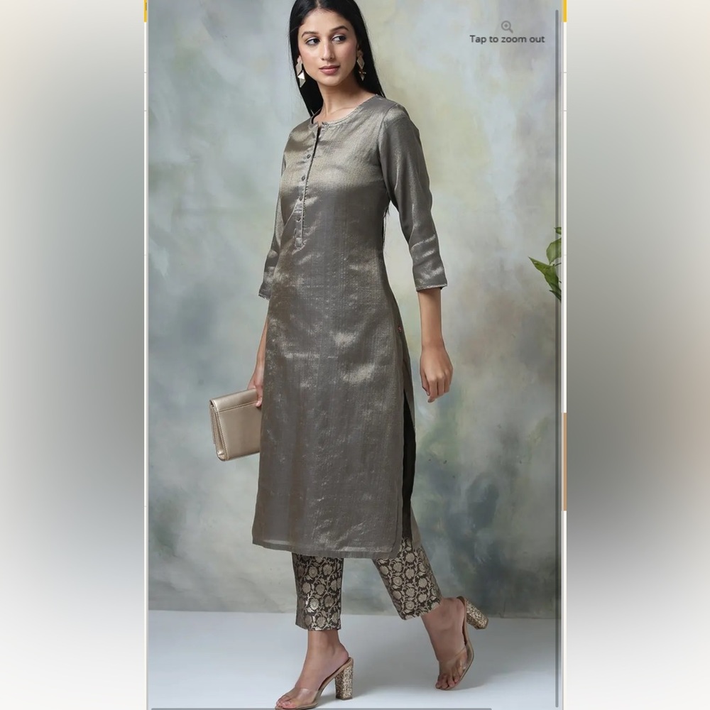 Indian / Pakistan Brown Metallic Cotton Straight Kurta Pants Set